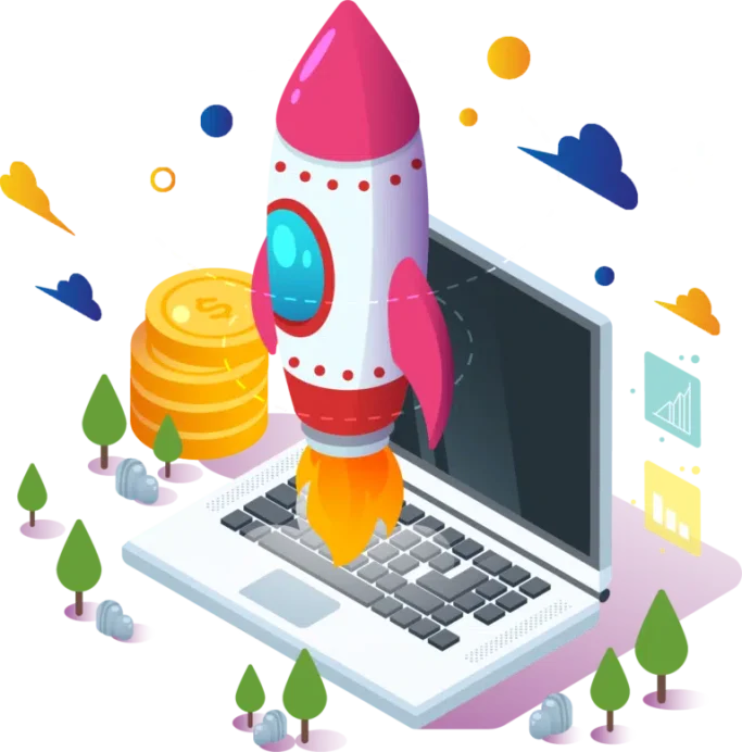 Fusée décollant d'un ordinateur portable avec des pièces d'or et des graphiques, symbolisant l'augmentation du trafic et l'expertise en référencement SEO à Rabat de l'agence Wellbek.